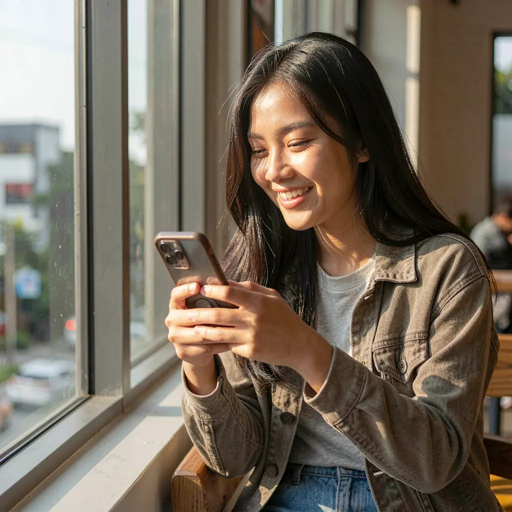 Smiling Filipino woman enjoying the BCJILLI mobile casino app as she plays on her phone in a bright modern cafe