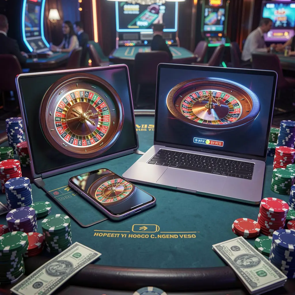 Modern roulette table displayed on a smartphone and laptop with colorful chips highlighting the immersive BCJILLI casino experience for players in the Philippines
