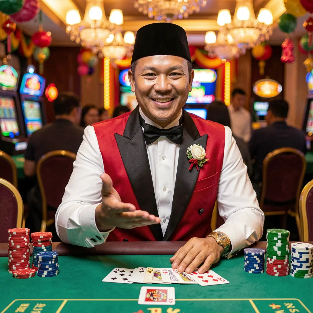 Confident Filipino casino dealer welcoming players at a vibrant gaming table representing the trusted BCJILLI login experience in the Philippines