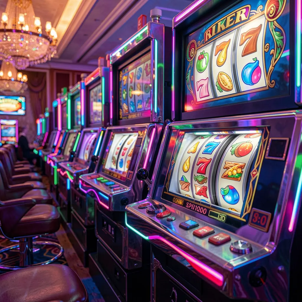A vibrant row of modern slot machines with colorful reels and bright lights in a lively casino setting representing the premium BCJILLI slots experience for players in the Philippines
